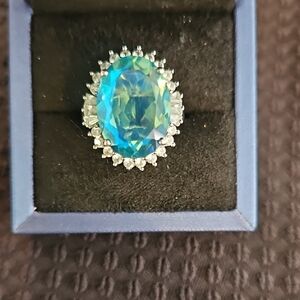 Dazzling Genuine Peacock Quartz and White Zircon Women's Ring. Size 7